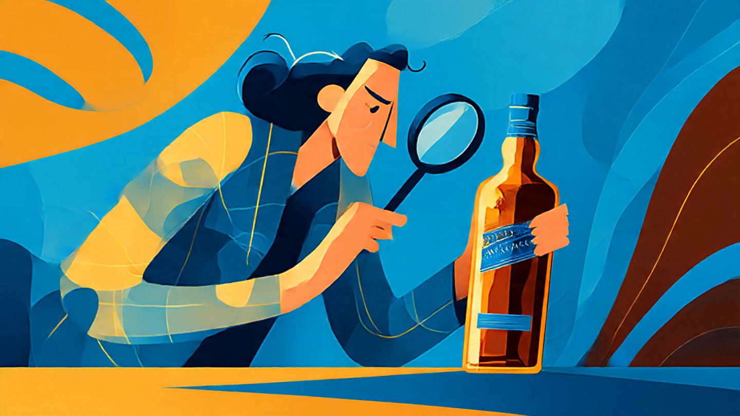 Pessoa em cartoon usando lupa para analisar cuidadosamente o rótulo da garrafa de Chivas 12 Anos.