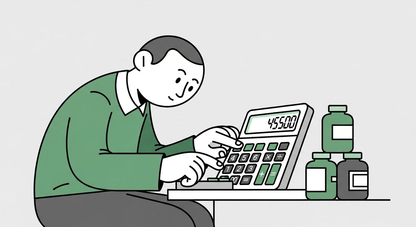 Pessoa cartoon usando calculadora simples para calcular garrafas de whisky necessárias para festa