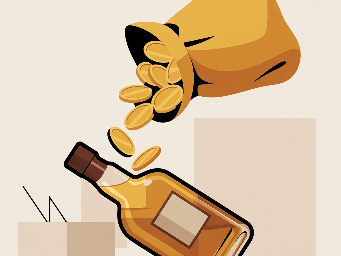 Saco de dinheiro dourado despejando moedas sobre garrafa de whisky, simbolizando investimento premium