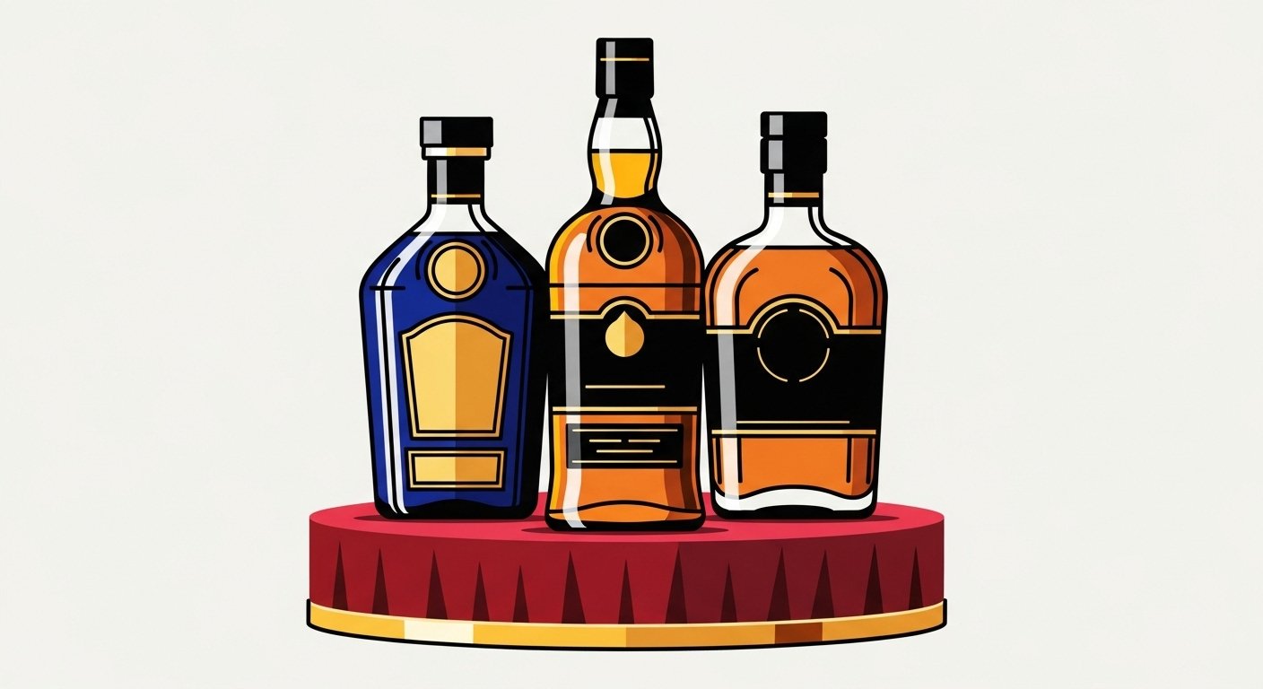 Três garrafas icônicas de whisky de luxo em pódio de veludo, simbolizando ranking de prestígio