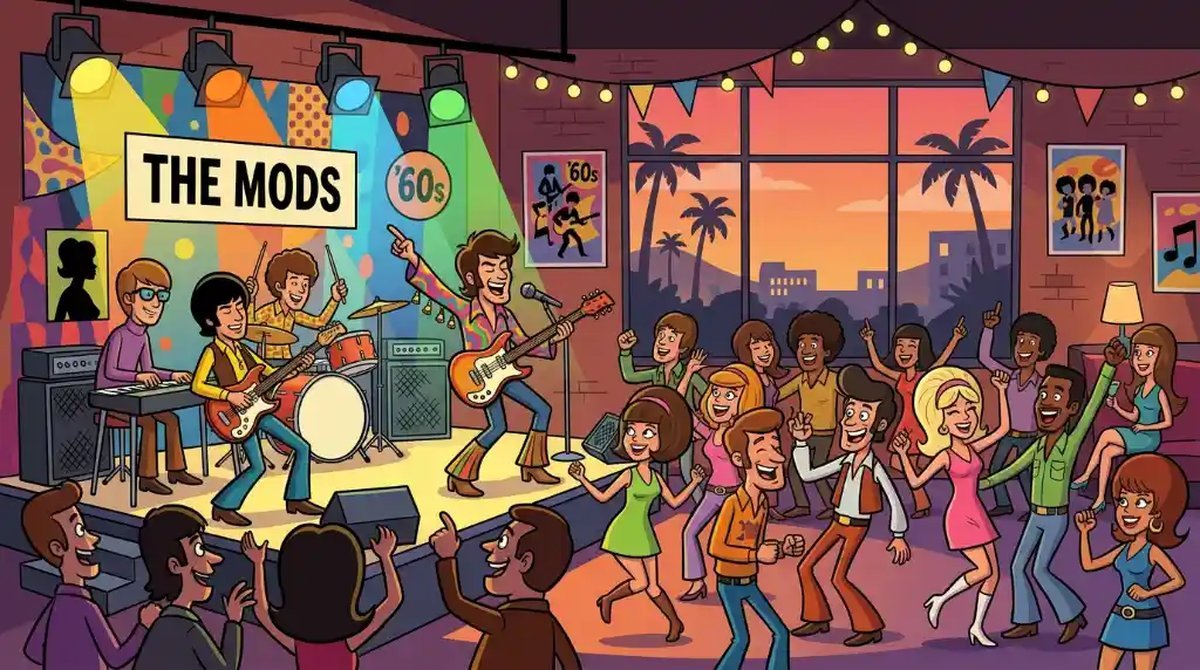 Ilustração cartoon de uma boate de rock dos anos 60 com uma banda no palco, luzes coloridas e público dançando, com palmeiras ao pôr do sol