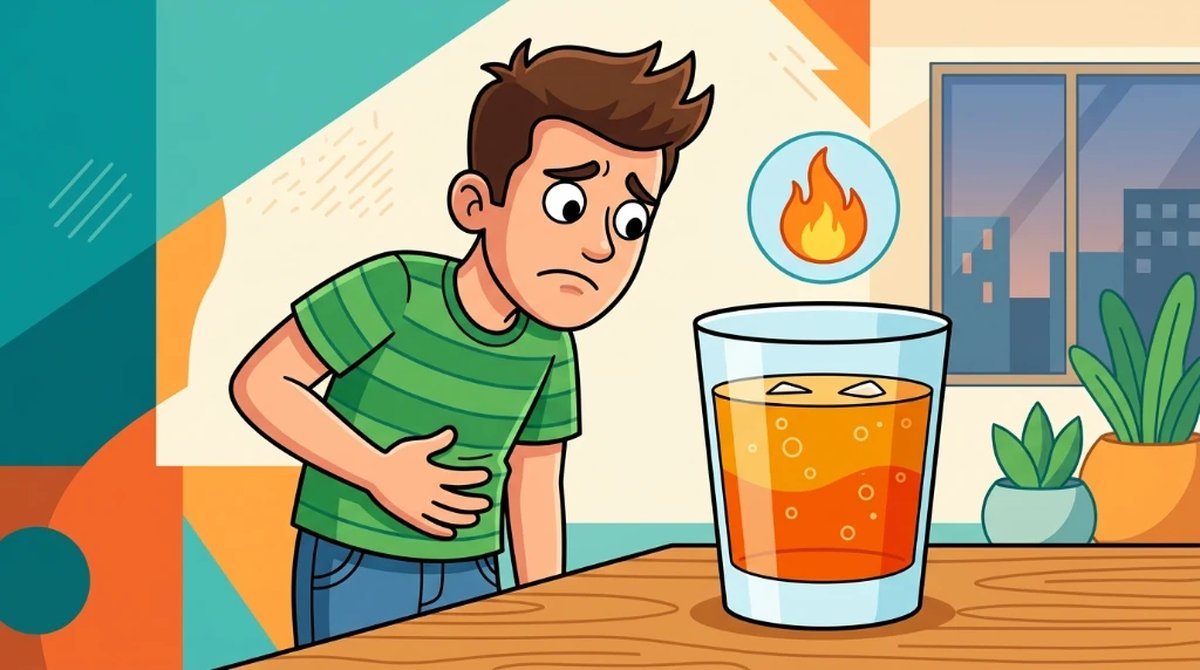 Ilustração cartoon de um personagem preocupado com a mão na barriga diante de um copão de whisky com energético e uma chama de calorias flutuando