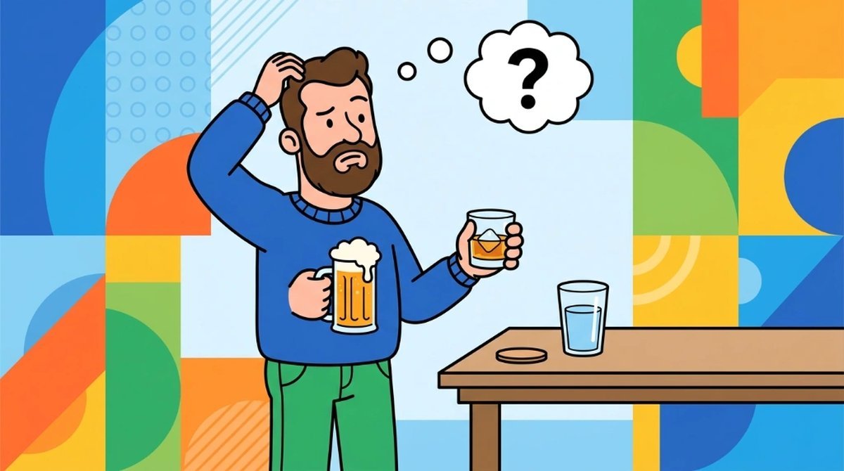 Ilustração cartoon de um personagem pensativo com uma interrogação na cabeça segurando uma caneca de cerveja e um copo de whisky, com um copo de água na mesa