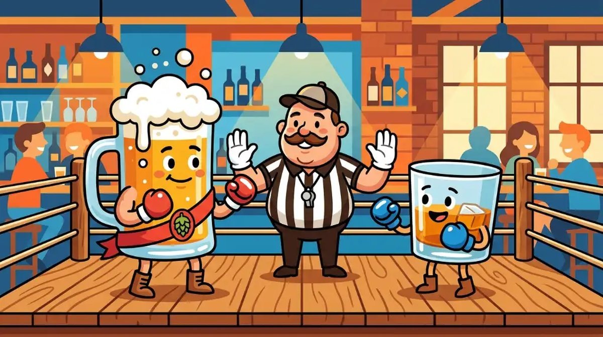 Ilustração cartoon de uma caneca de cerveja e um copo pequeno de whisky frente a frente como boxeadores, com um juiz no meio, em um balcão de madeira