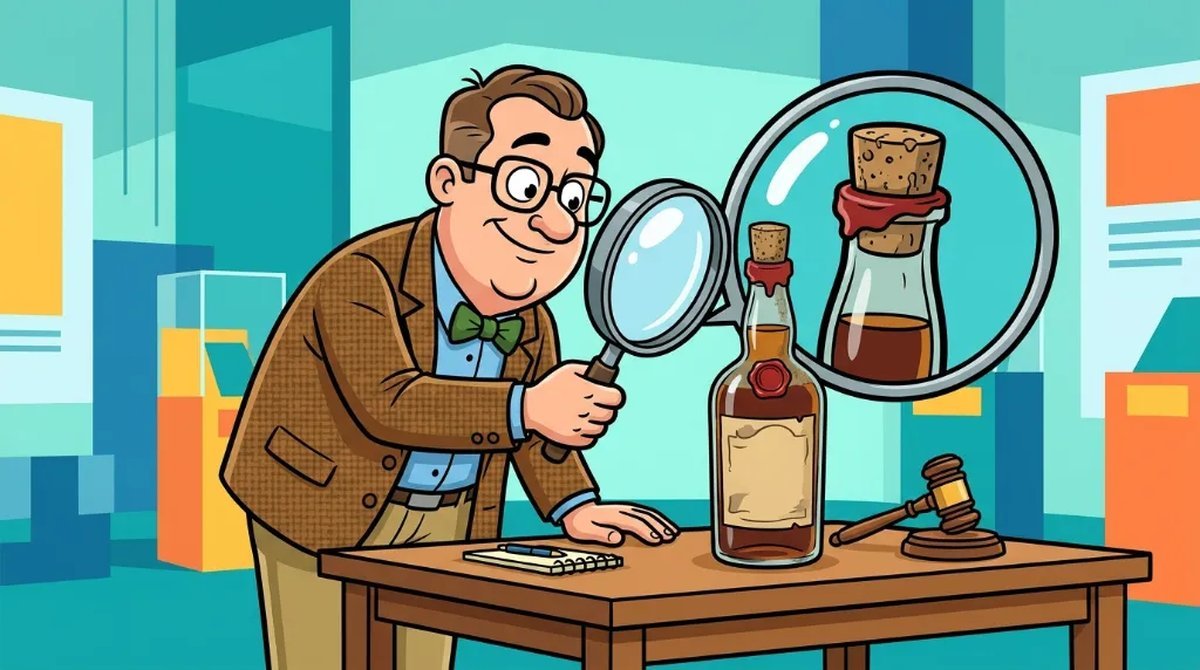 Ilustração cartoon de um comprador checando com lupa o nível do líquido, a rolha e o lacre de uma garrafa antiga de whisky