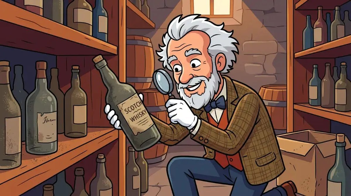 Ilustração cartoon de um colecionador de luvas brancas examinando com lupa uma garrafa antiga de scotch numa adega