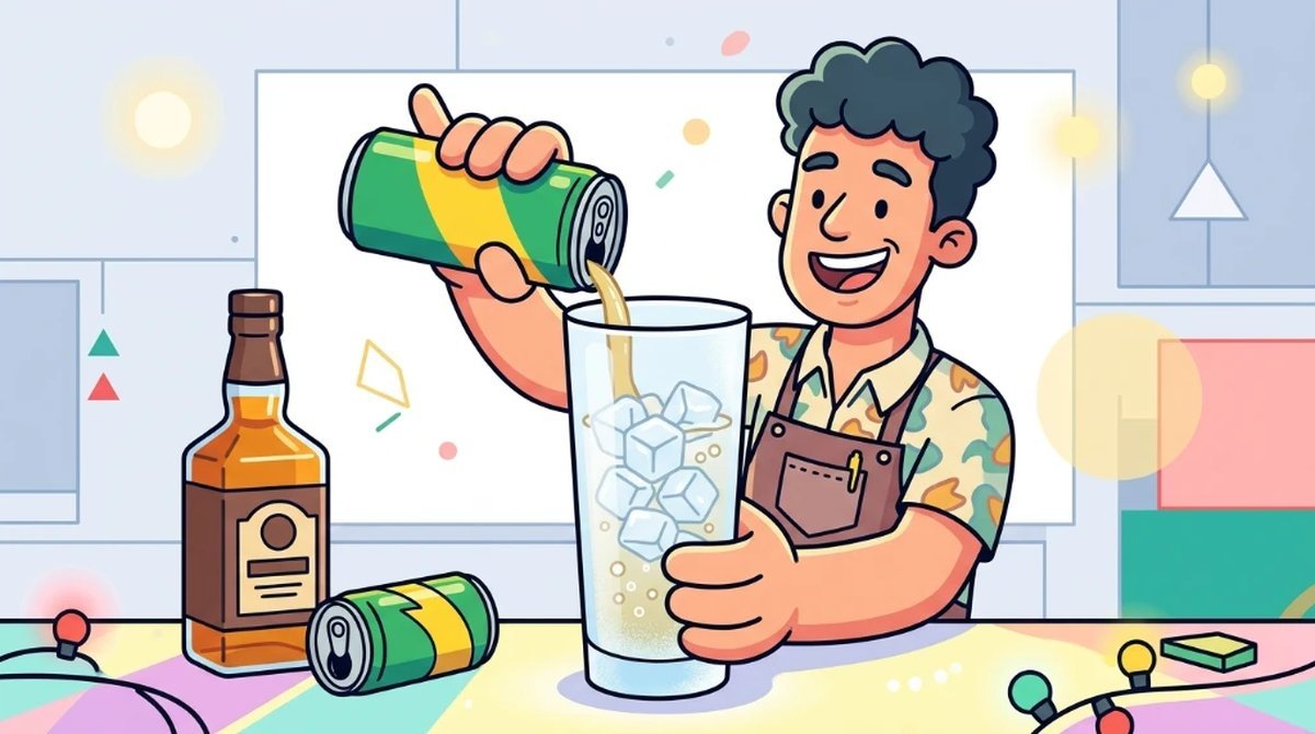 Ilustração cartoon de um bartender despejando energético em um copão alto cheio de gelo, ao lado de uma garrafa de whisky e uma lata de energético