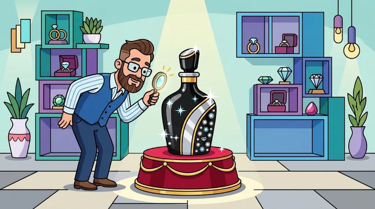 Ilustração cartoon de um decanter de porcelana preta cravejado de diamantes sobre um pedestal de veludo, admirado por um joalheiro com lupa