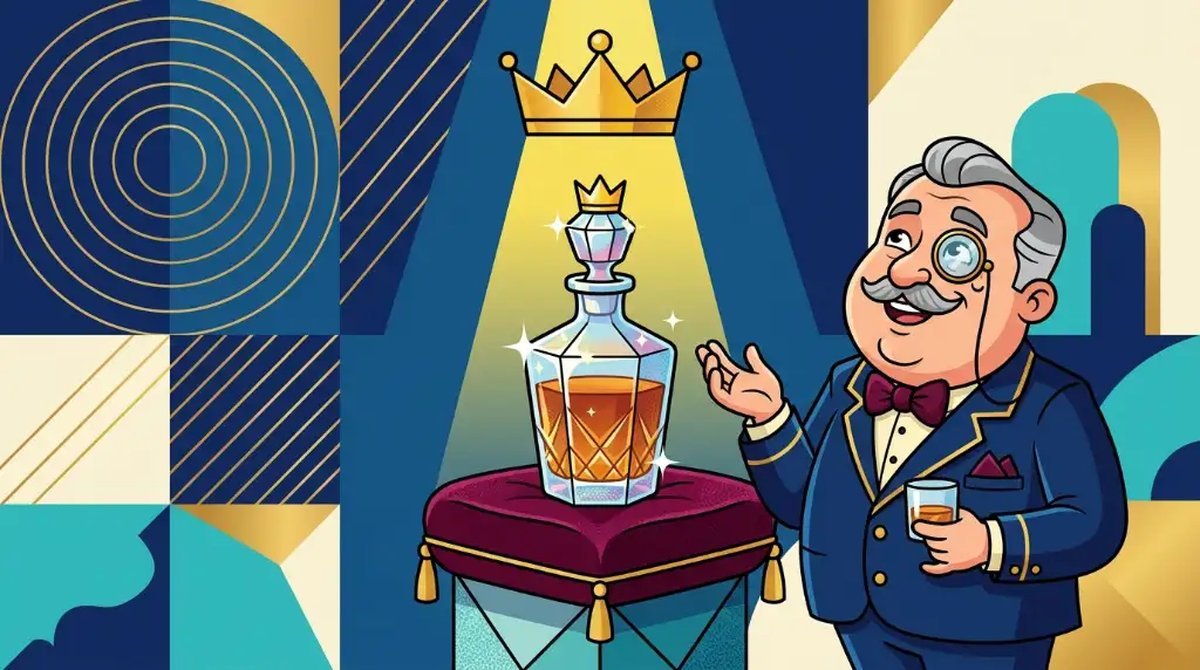 Ilustração cartoon de um decanter de cristal sobre pedestal de veludo com uma coroa dourada, admirado por um personagem de monóculo