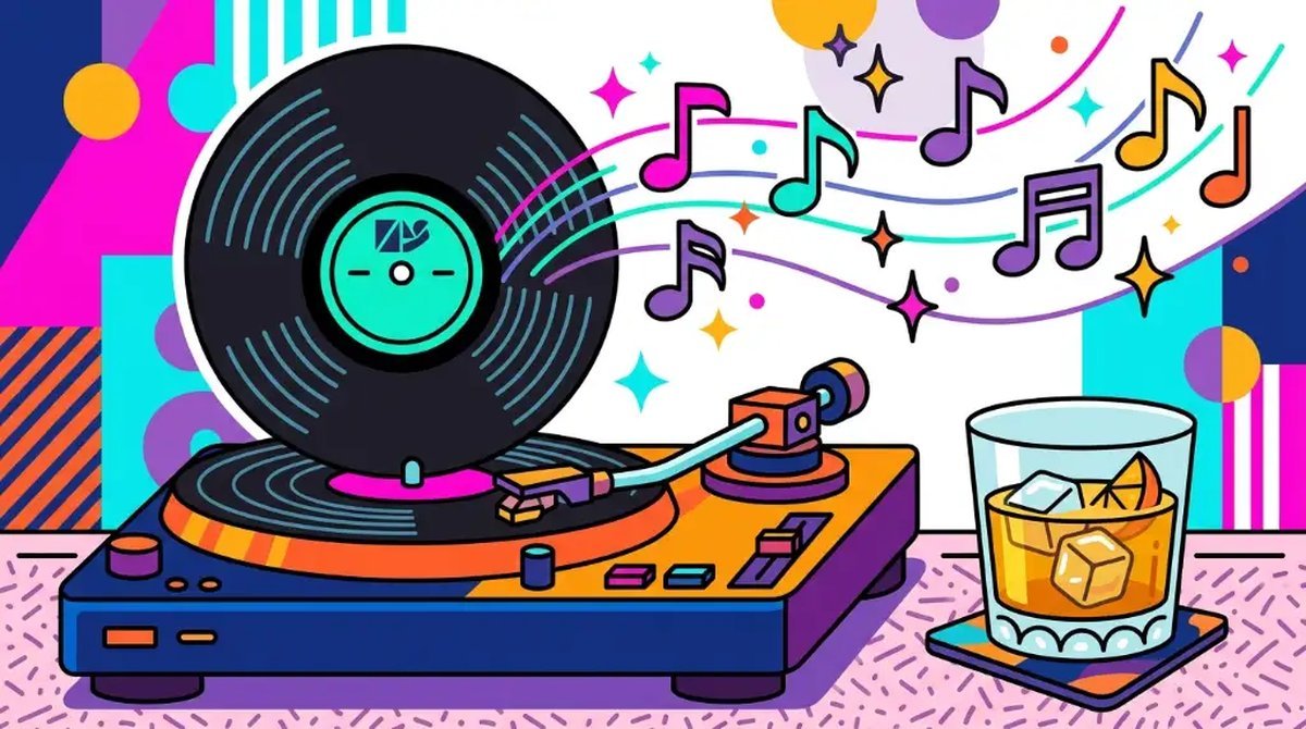 Ilustração cartoon de um disco de vinil tocando em uma vitrola ao lado de um copo de whisky com gelo e notas musicais, em cores retrô dos anos 80