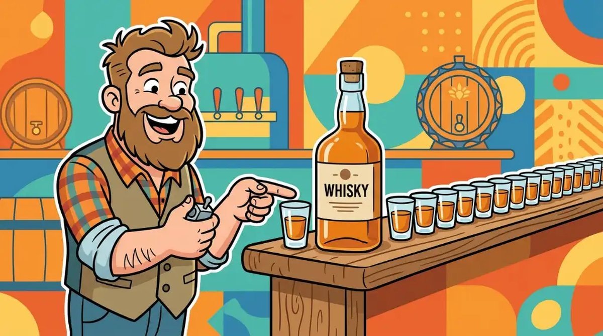Ilustração cartoon de uma garrafa de whisky ao lado de uma fileira de copos de dose sendo contados por um personagem