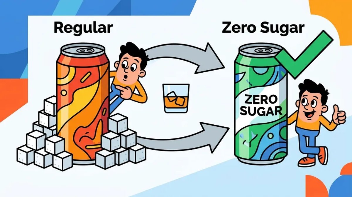 Ilustração cartoon comparando uma lata de energético comum cercada de cubos de açúcar e uma lata zero com check verde, ao lado de um copo de whisky
