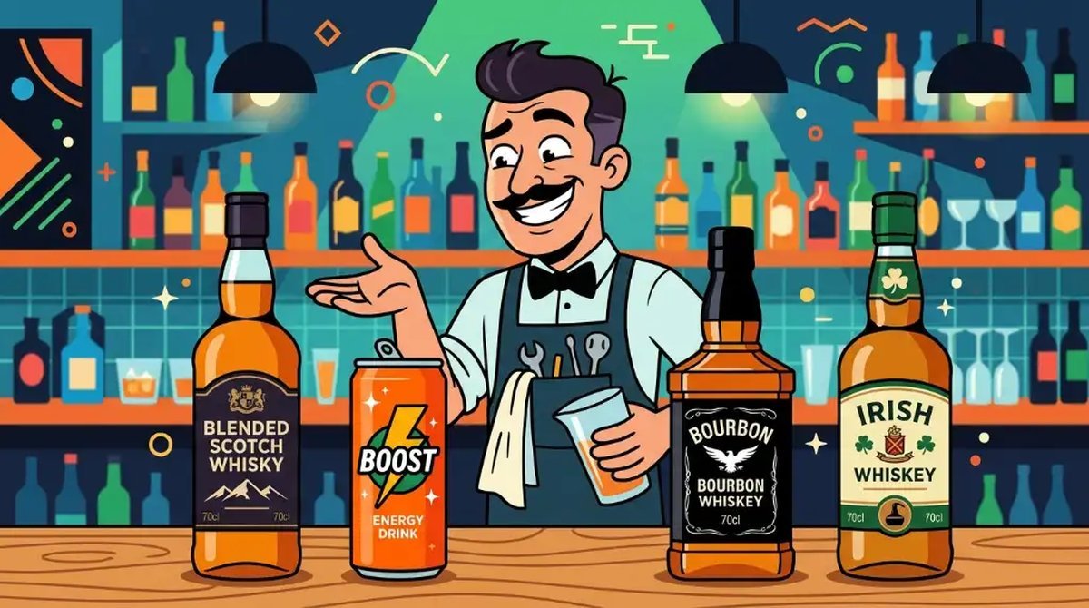 Ilustração cartoon de um bartender escolhendo entre três garrafas de whisky, um blend, um bourbon e um irlandês, com uma lata de energético no centro