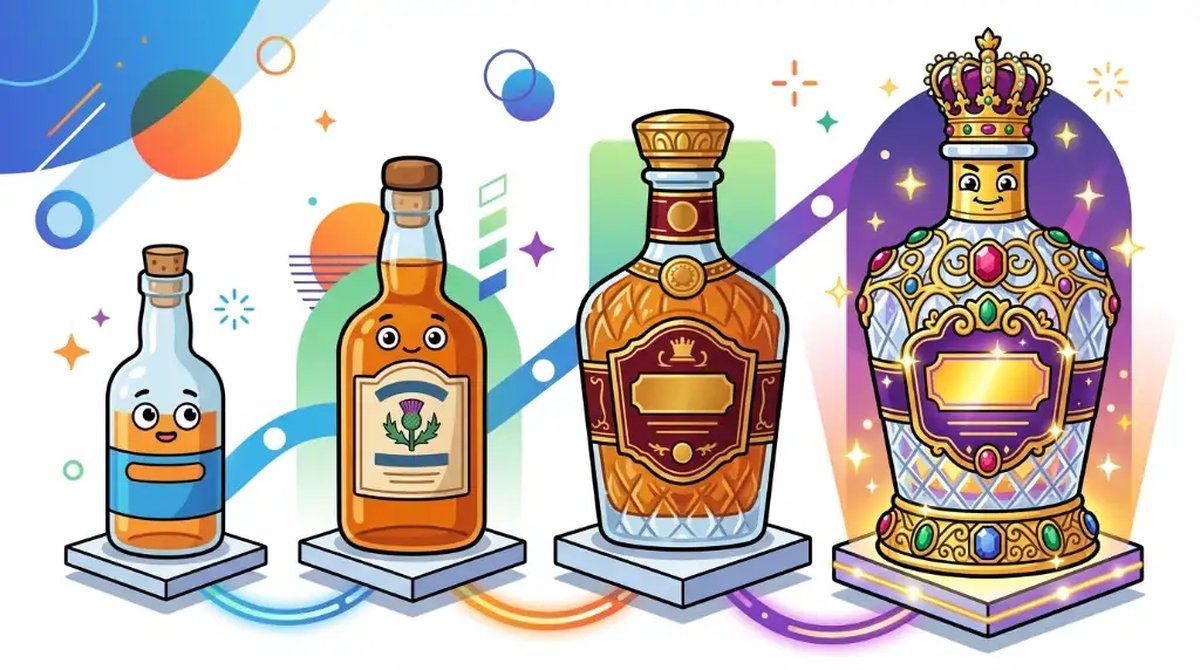 Ilustração cartoon de quatro garrafas de whisky crescendo em tamanho e ornamentação, da mais simples à mais luxuosa