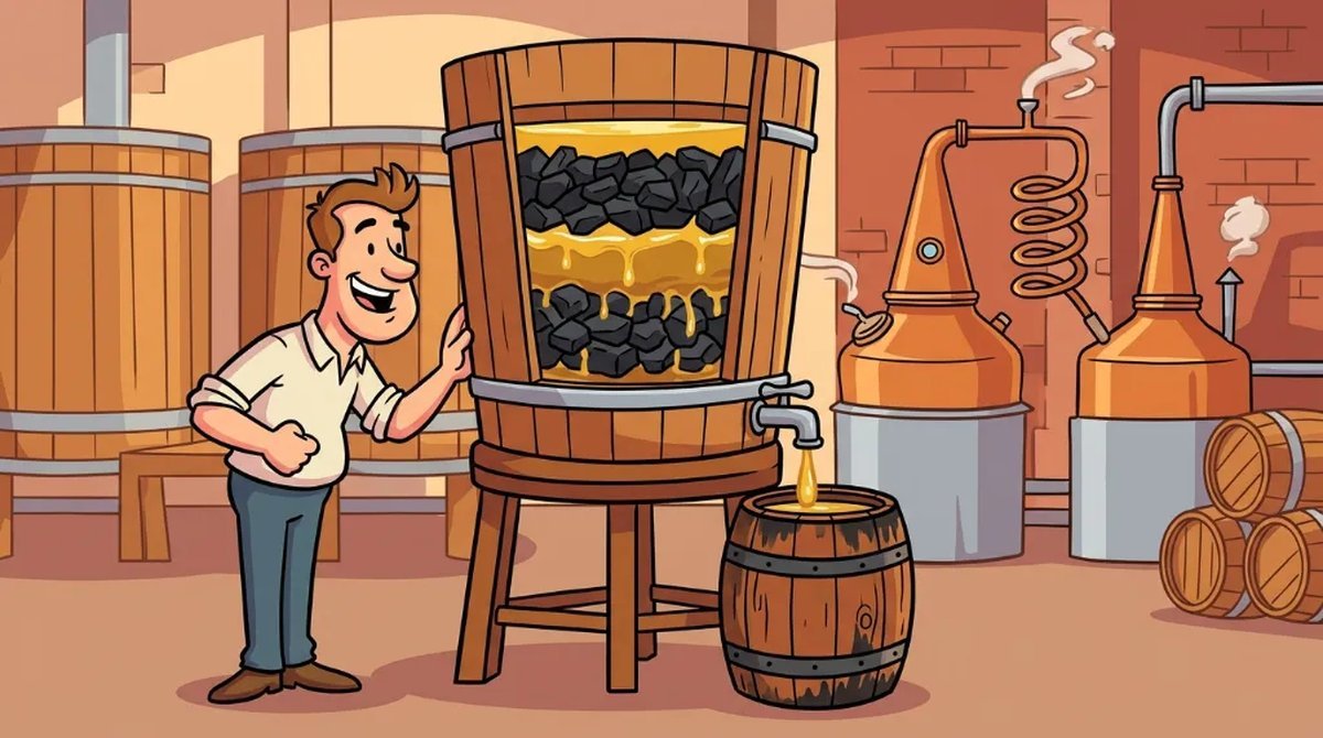 Ilustração cartoon de uma cuba de filtragem com carvão de bordão e líquido dourado pingando em um barril de carvalho