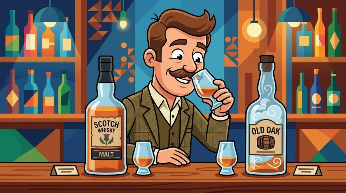 Ilustração cartoon de um personagem comparando duas garrafas de whisky, uma pela metade e outra quase vazia com ar girando dentro