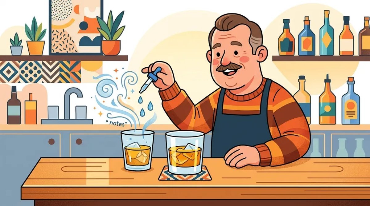 Ilustração cartoon de gotas de água sendo adicionadas com um conta-gotas em um copo de whisky, com redemoinhos de aroma subindo