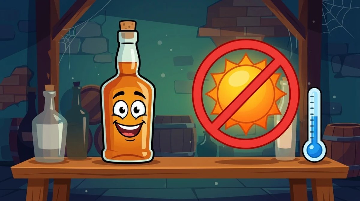 Ilustração cartoon de uma garrafa de whisky sorrindo em pé numa prateleira de adega fresca e escura, com um sol proibido e um termômetro ao lado