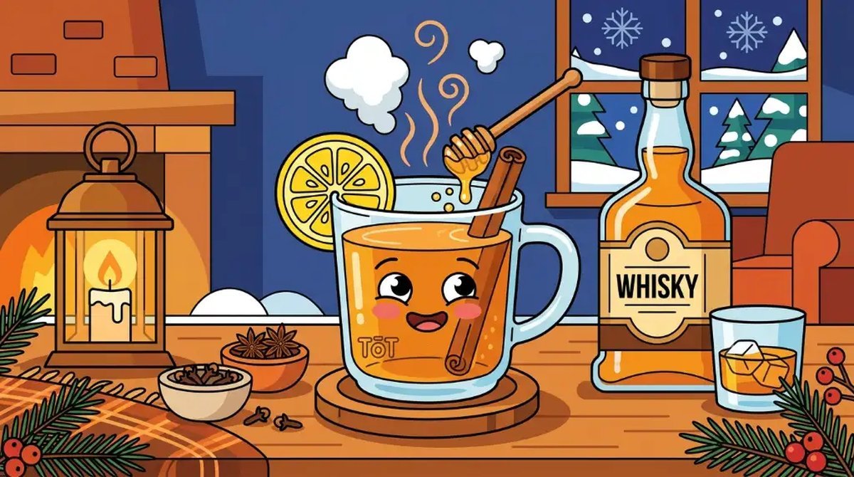 Ilustração cartoon de uma caneca fumegante de hot toddy com pau de canela, mel e fatia de limão, com uma garrafa de whisky ao lado