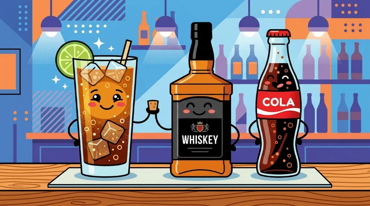 Ilustração cartoon de um copo alto de Jack Daniels com Coca-Cola, gelo e limão ao lado de uma garrafa preta quadrada e uma garrafa de cola