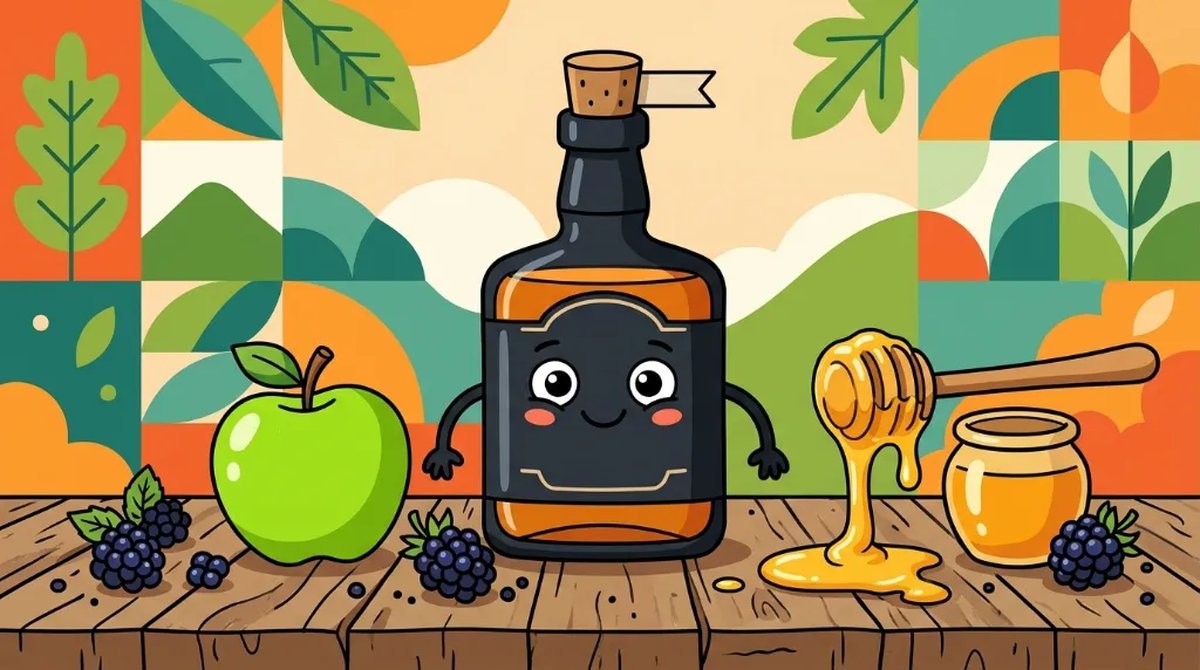 Ilustração cartoon de uma garrafa preta quadrada de whiskey cercada por maçã verde, amoras e uma colher de mel pingando