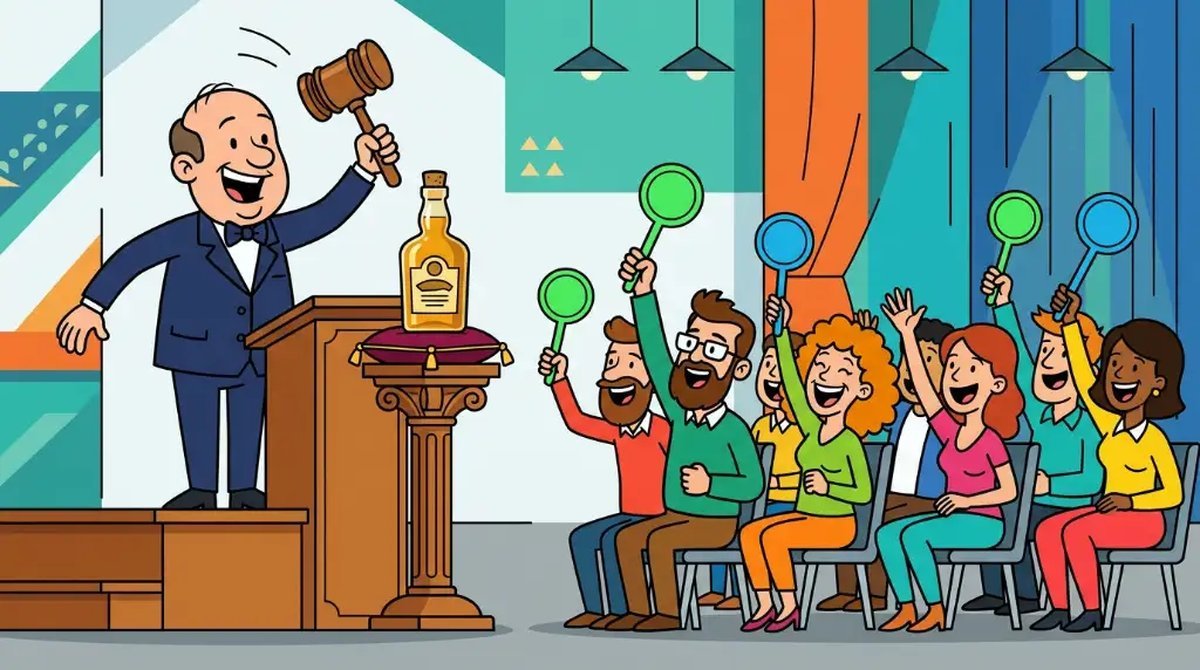 Ilustração cartoon de um leilão com martelo, uma garrafa dourada de whisky raro e colecionadores levantando plaquetas