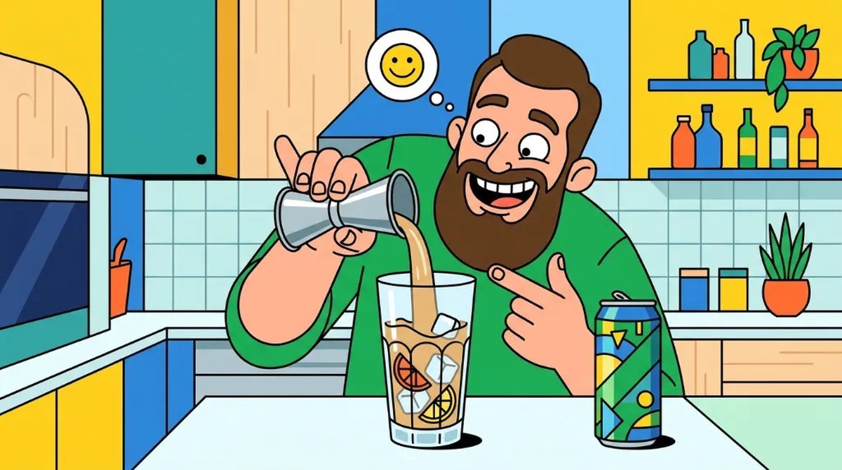 Ilustração cartoon de uma medida dosadora com duas doses de whisky sendo colocadas em um copão grande, com uma lata de energético ao lado