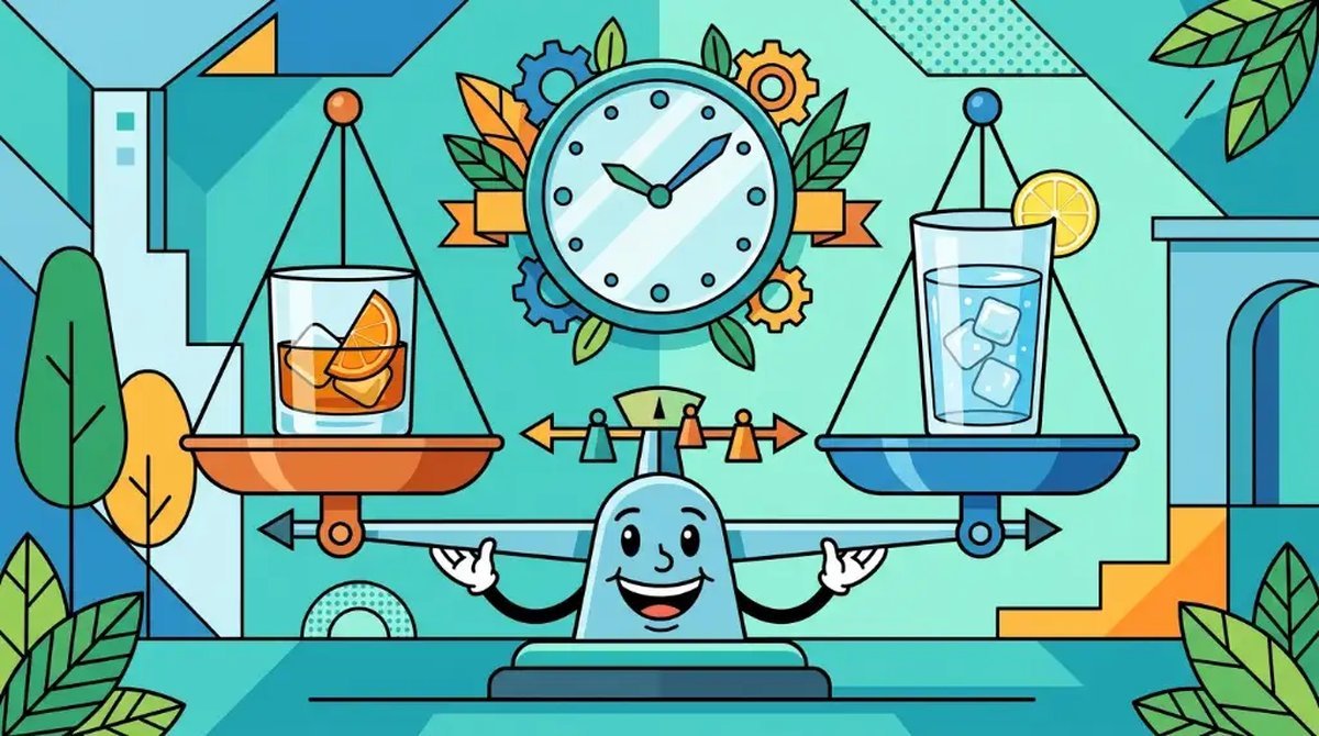 Ilustração cartoon de uma balança equilibrando um copo de whisky de um lado e um copo de água do outro, com um relógio ao fundo
