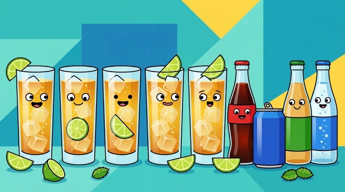 Ilustração cartoon de copos altos com whisky e gelo ao lado de garrafas de cola, guaraná, ginger ale e água com gás, com fatias de limão
