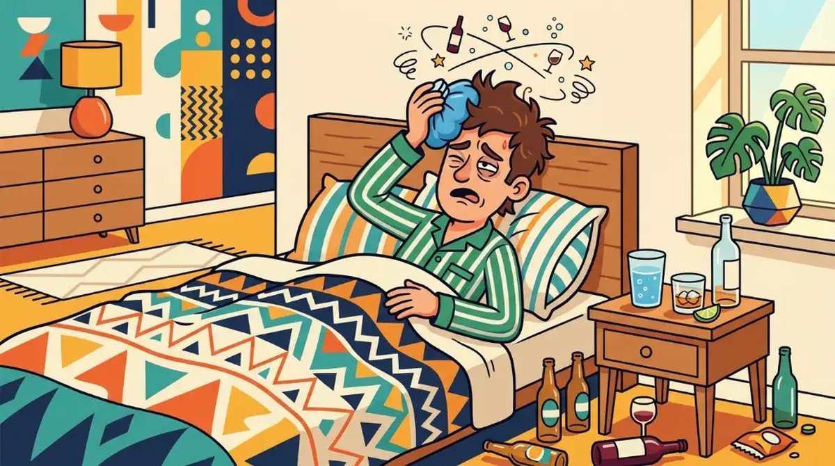Ilustração cartoon de um personagem acordando com dor de cabeça e bolsa de gelo, com um copo de água e um copo de whisky no criado-mudo