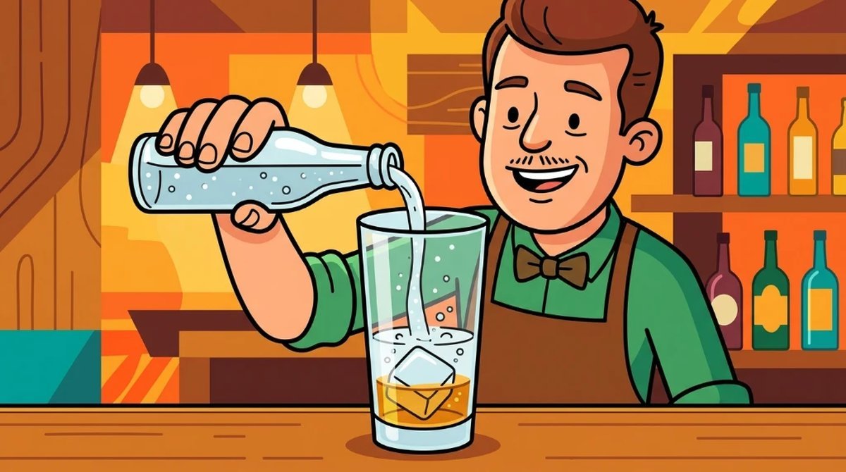 Ilustração cartoon de um bartender despejando soda devagar pela borda de um copo alto com whisky e uma pedra de gelo grande