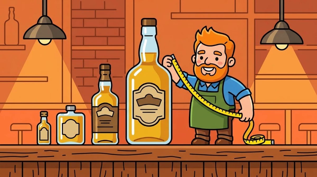 Ilustração cartoon de um personagem com fita métrica ao lado de garrafas de whisky de vários tamanhos, da miniatura à garrafa grande