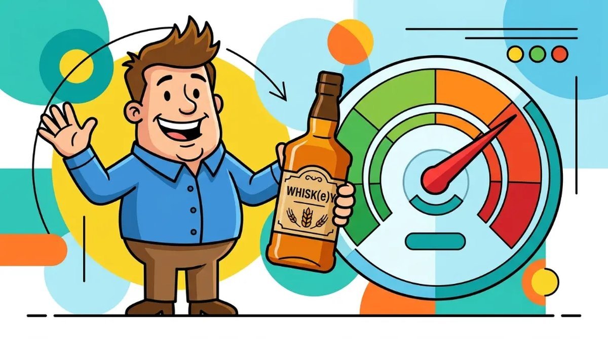 Ilustração cartoon de um personagem segurando uma garrafa de whisky ao lado de um medidor de porcentagem de álcool