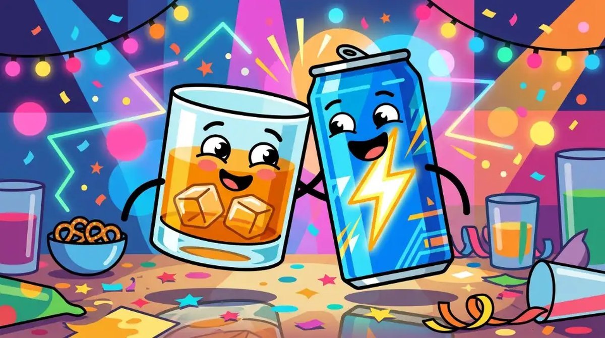 Ilustração cartoon de um copo de whisky com gelo ao lado de uma lata de energético com raio, em uma mesa de festa com luzes coloridas