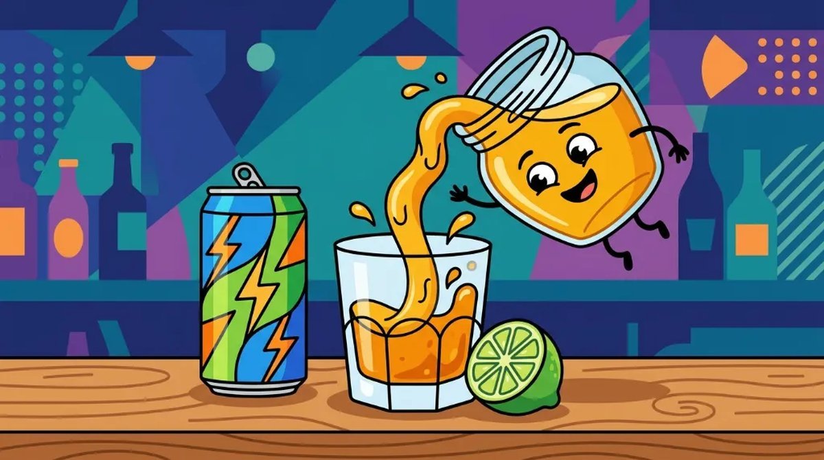 Ilustração cartoon de mel sendo derramado em um copo de whisky ao lado de uma lata de energético e uma fatia de limão