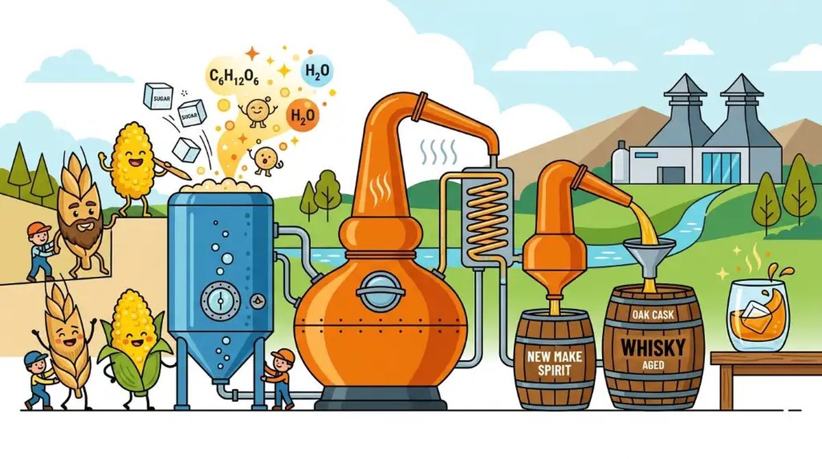 Ilustração cartoon de grãos de cevada e milho passando por tanque de fermentação e alambique de cobre até virar whisky