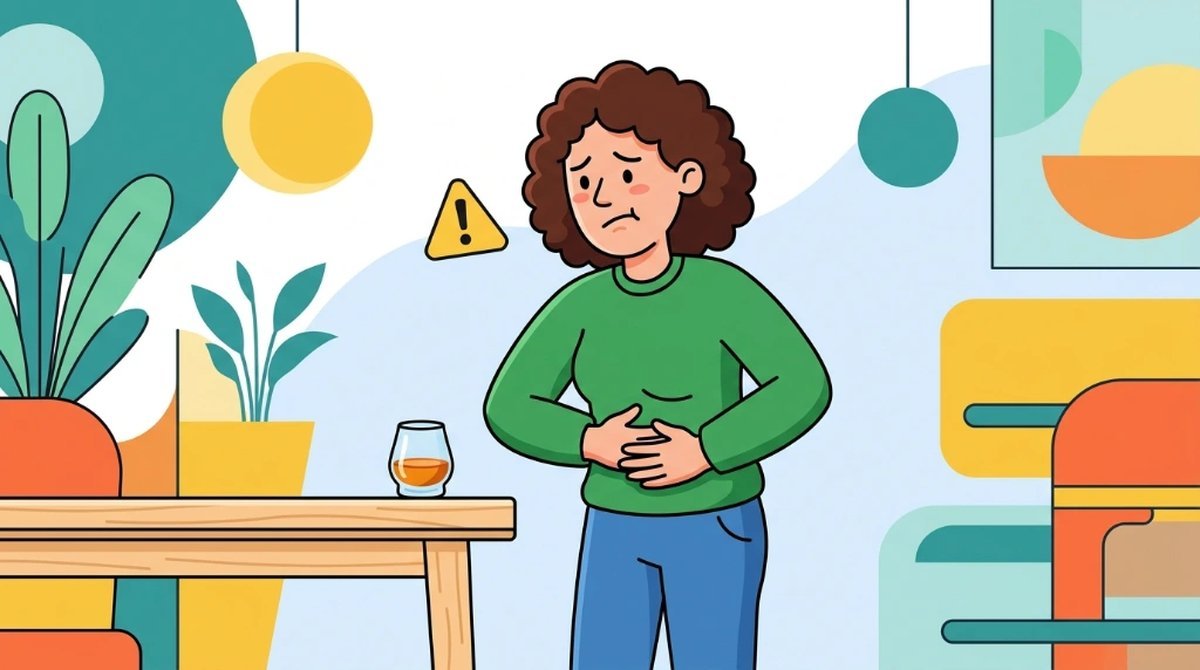 Ilustração cartoon de um personagem com a mão na barriga e um ícone de alerta, com um copo de whisky na mesa