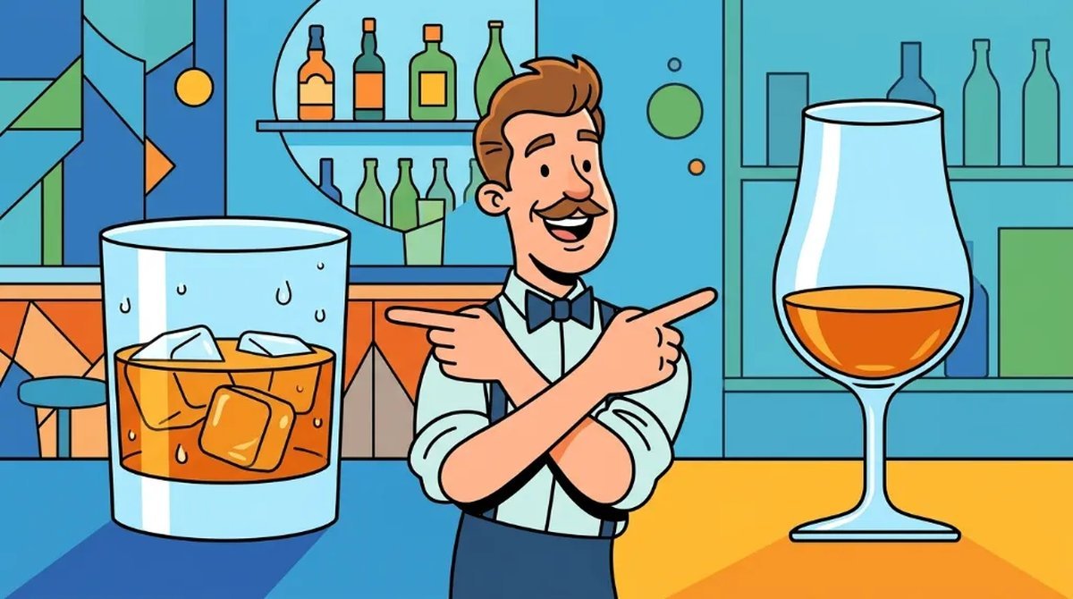 Ilustração cartoon de um bartender entre um copo de whisky com gelo e um copo de whisky sem gelo, apontando para os dois