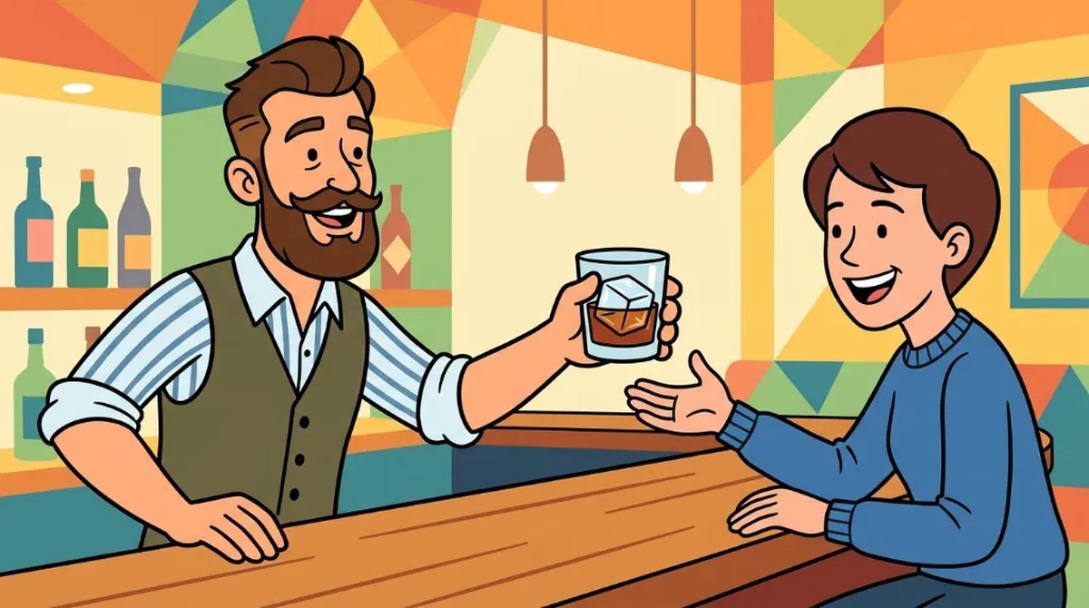 Ilustração cartoon de um bartender entregando um copo baixo com whisky e uma pedra de gelo grande a um cliente no balcão