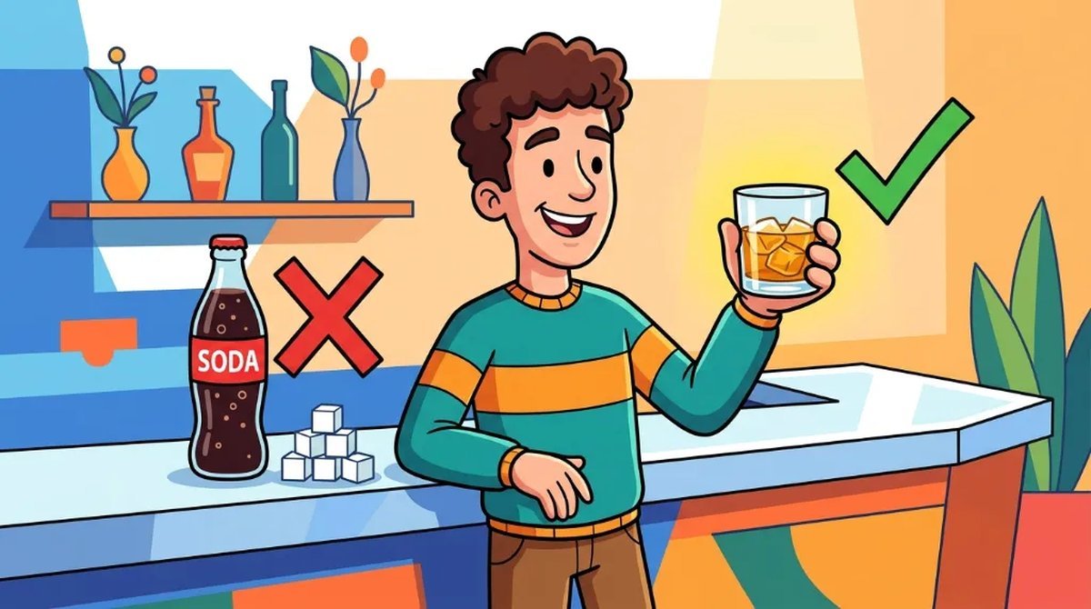 Ilustração cartoon de um homem segurando um copo de whisky com check verde ao lado de refrigerante e cubos de açúcar marcados com X vermelho
