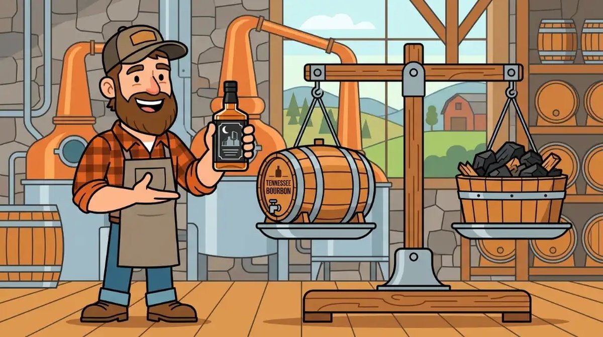 Ilustração cartoon de um destilador do Tennessee com uma garrafa preta e uma balança com um barril de bourbon de um lado e carvão do outro