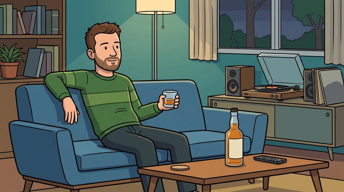 Homem relaxando num sofá à noite com um copo de whisky, toca-discos ao fundo e uma garrafa na mesa de centro