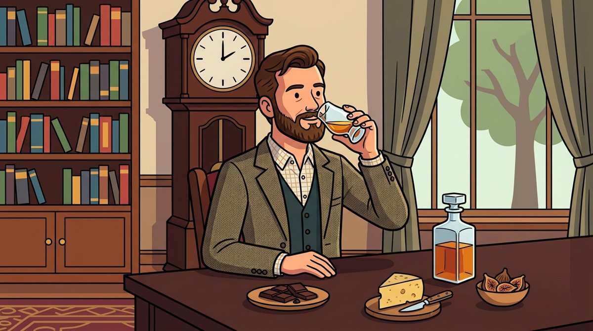 Homem barbudo num escritório elegante bebendo devagar uma taça de whisky, com chocolate amargo, queijo curado e figos secos na mesa e um relógio de pé ao fundo