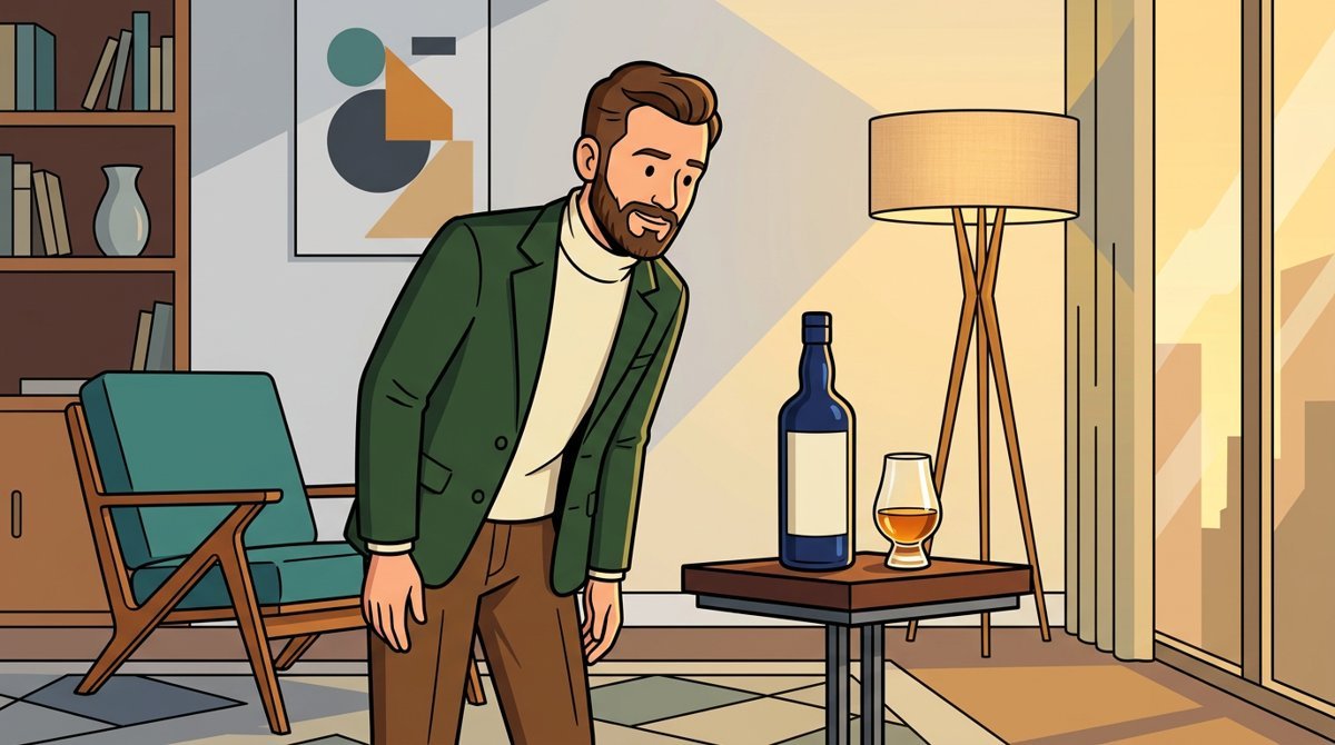 Homem barbudo numa sala elegante admirando uma garrafa azul e uma taça de whisky sobre uma mesa pequena