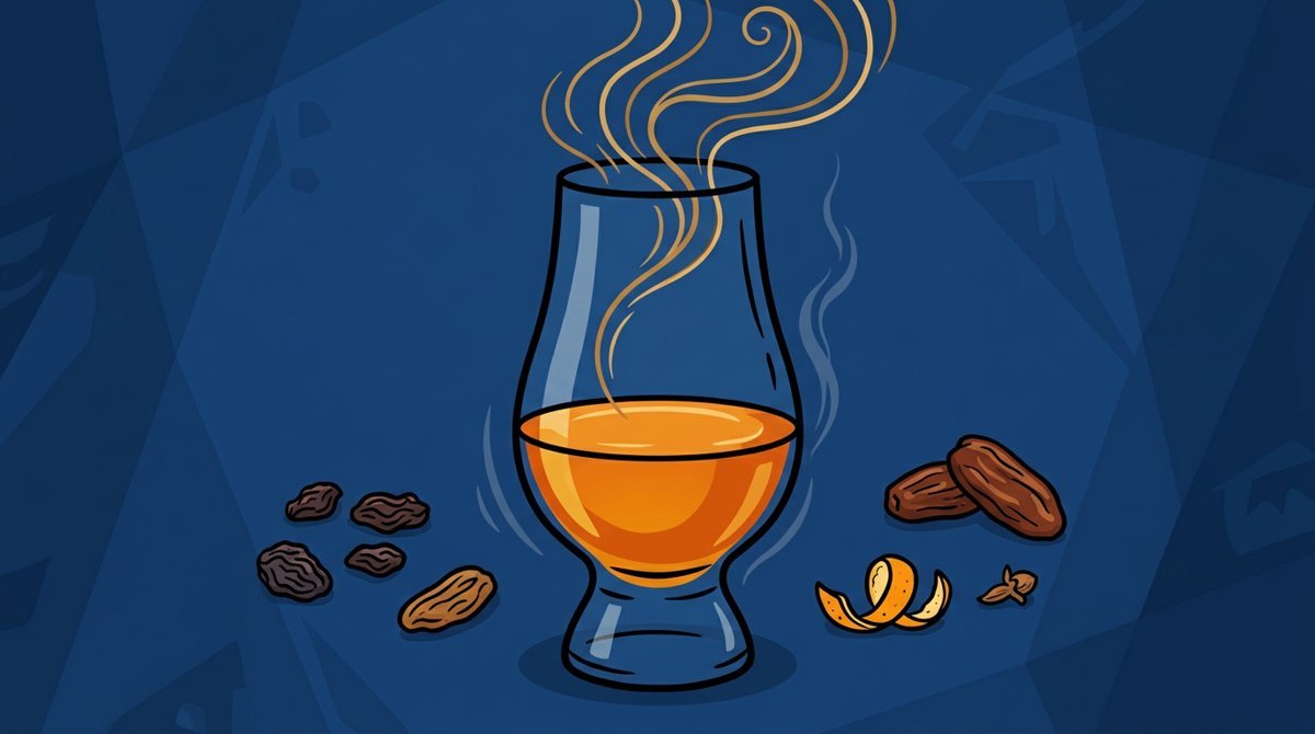 Taça de degustação com whisky dourado, fumaça fina e passas e tâmaras ao redor