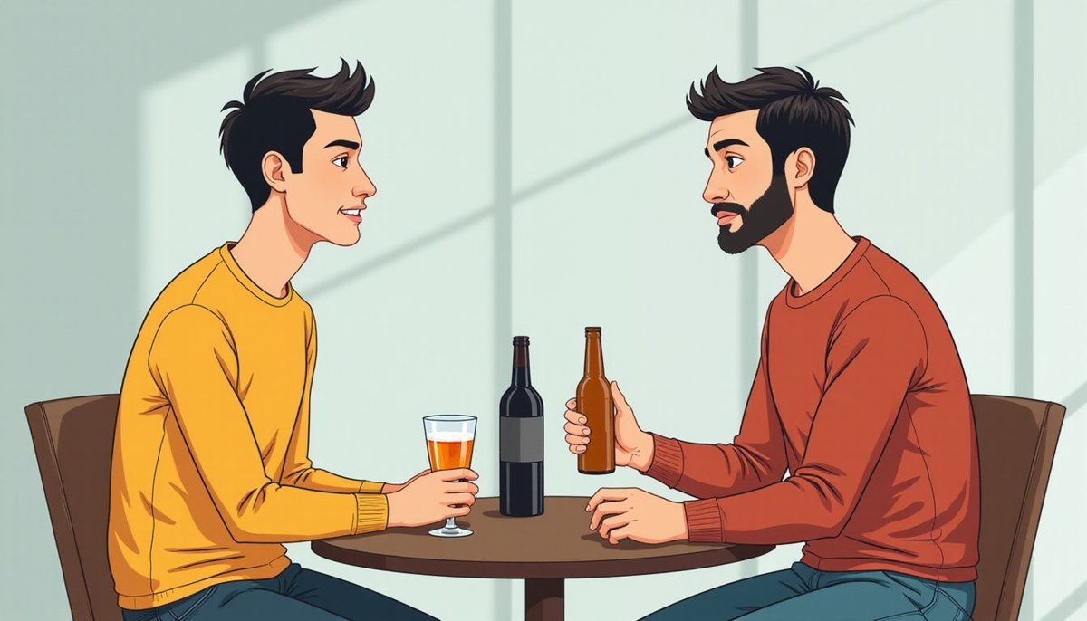 Dois homens conversando numa mesa pequena, cada um com um copo de whisky e uma garrafa de rótulo em branco