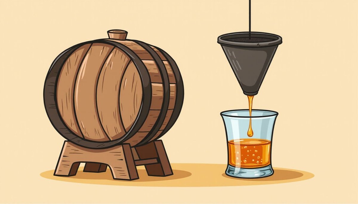 Barril de carvalho ao lado de um funil de filtragem pingando whisky em um copo