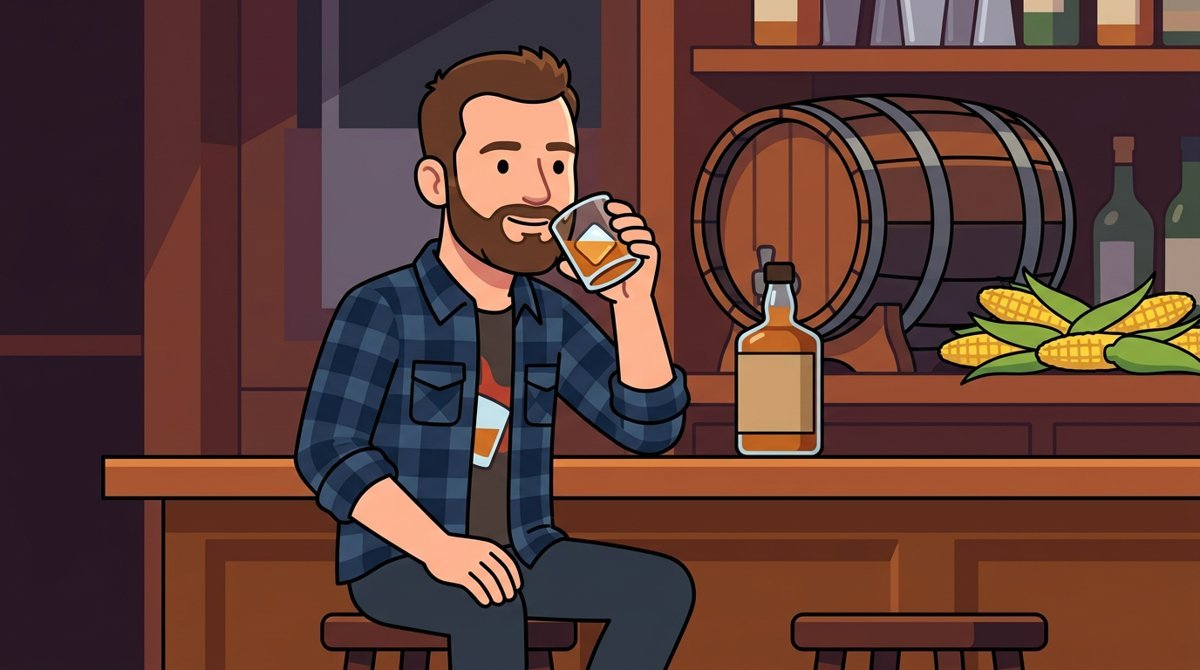 Homem barbudo num bar provando um copo de bourbon com gelo, com espigas de milho e um barril ao fundo