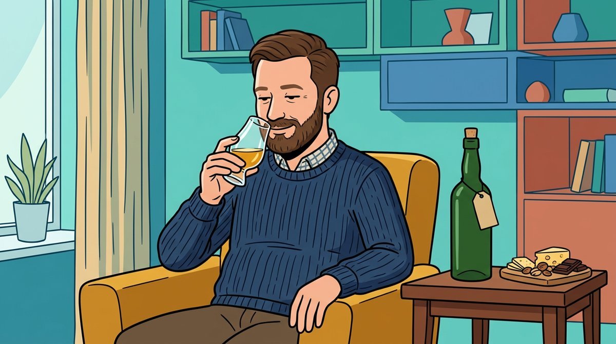Homem barbudo numa poltrona cheirando uma taça de whisky, com uma garrafa verde e uma tábua de queijos e chocolate ao lado