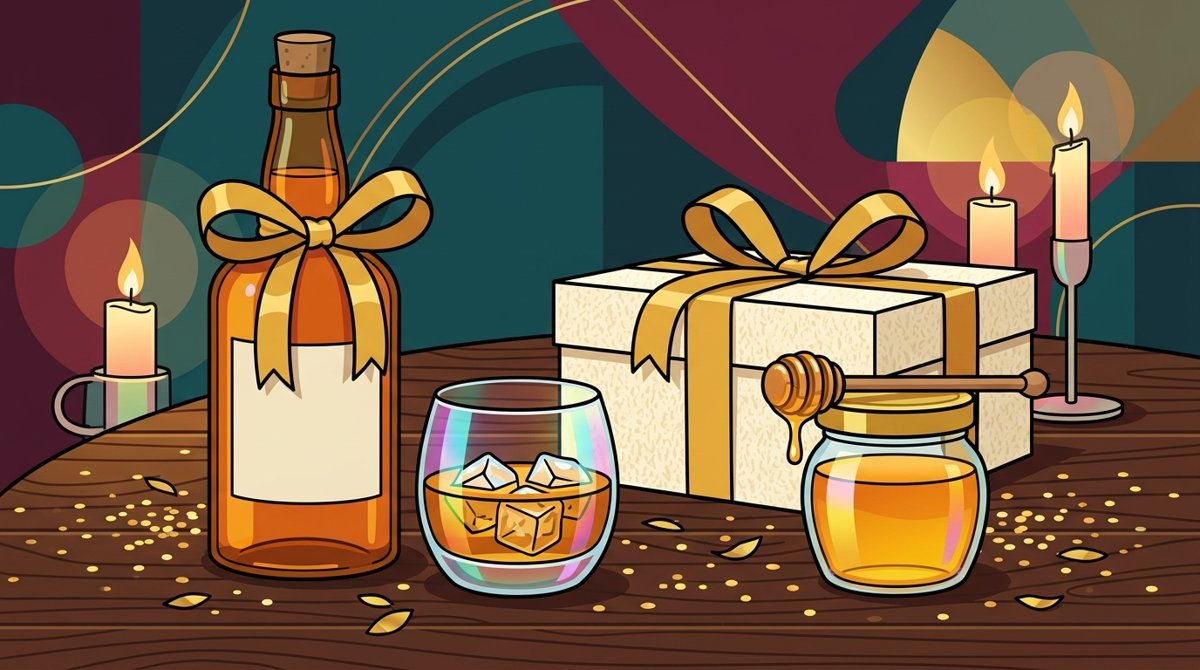Garrafa com laço dourado, copo de whisky com gelo, pote de mel com colher e caixa de presente numa mesa de madeira à luz de velas